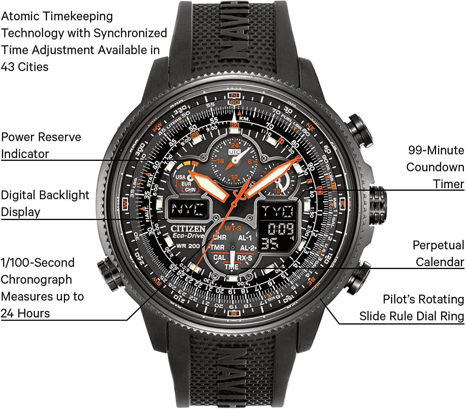 Watches JY8035-04E Navihawk A-T Eco-Drive Perpetual Chrono Strap Watch Black