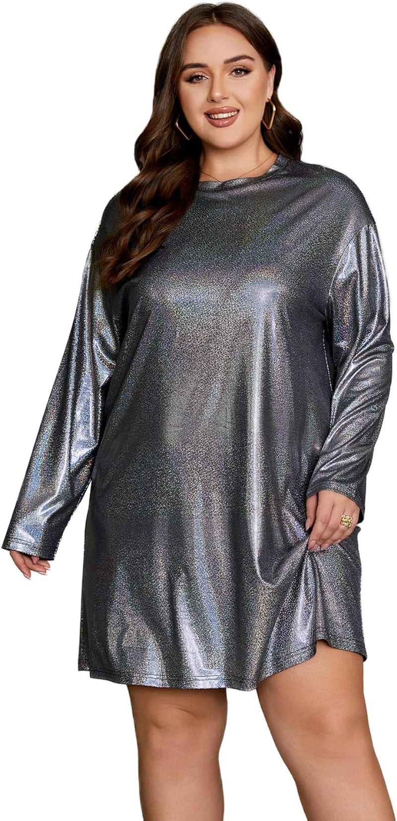 WDIRARA Women'S Metallic Glitter plus Size Drop Shoulder Long Sleeve Casual Loose Dress