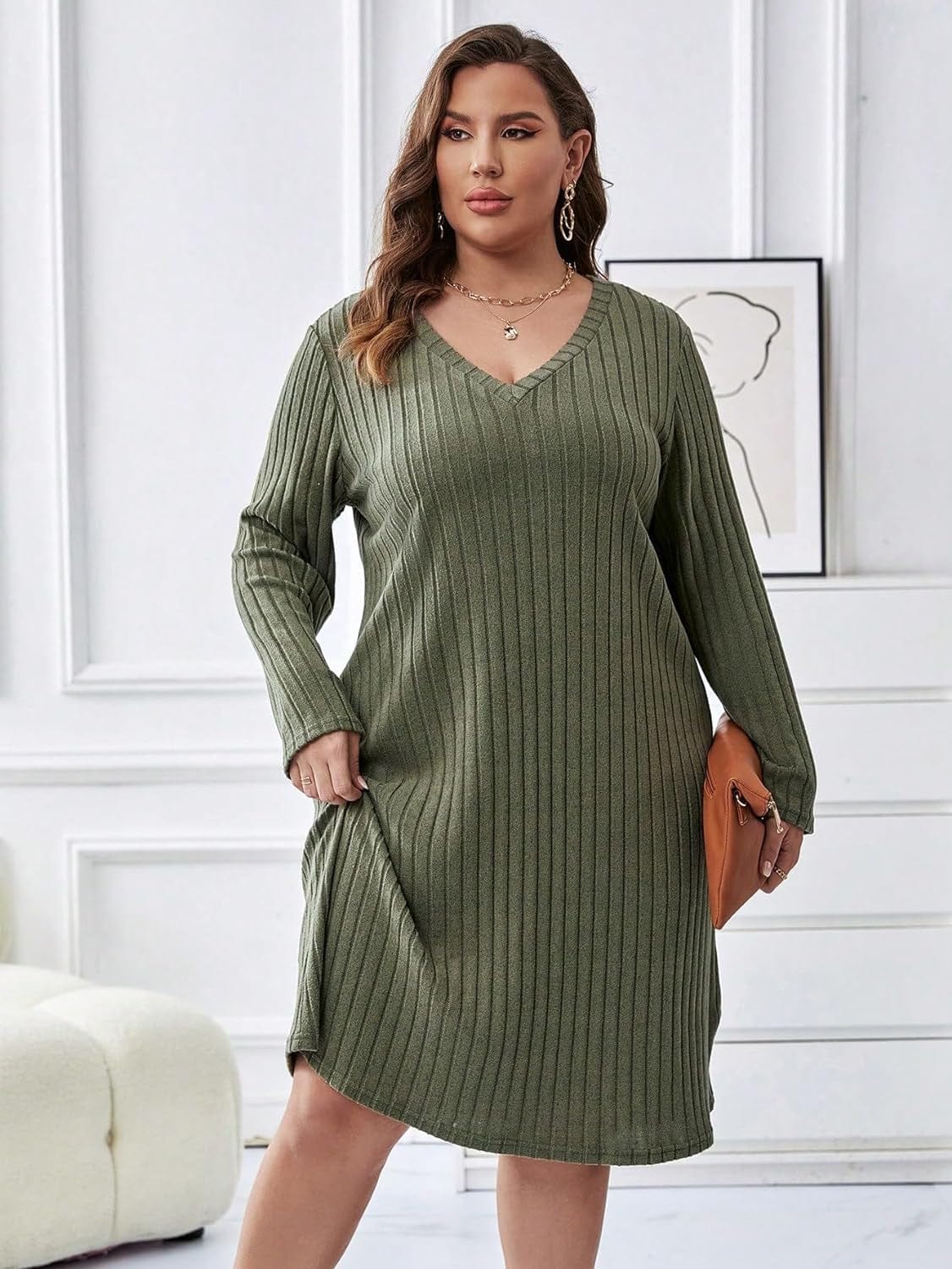 WDIRARA Women'S plus Size V Neck Ribbed Tee Dress Long Sleeve Loose Fit Knee Long Causal Fall Dresses