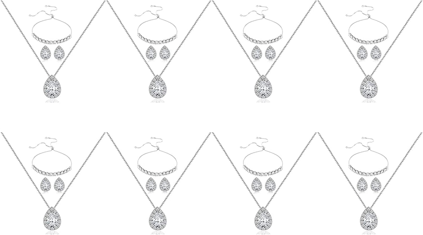 Wedding Bridesmaid Jewelry Set Necklace Earring Bracelet Wedding Jewelry Set 3A Cube Oxidation Jewelry Set Hypoallergenic Wedding Jewelry Bridesmaid Gift (Adjustable Silver 8 Piece Set