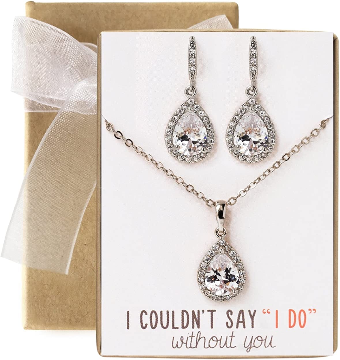 Wedding Bridesmaids Gift Drop Dangle Earrings or Jewelry Set in Silver, Yellow Gold, Rose Gold Set - Silver