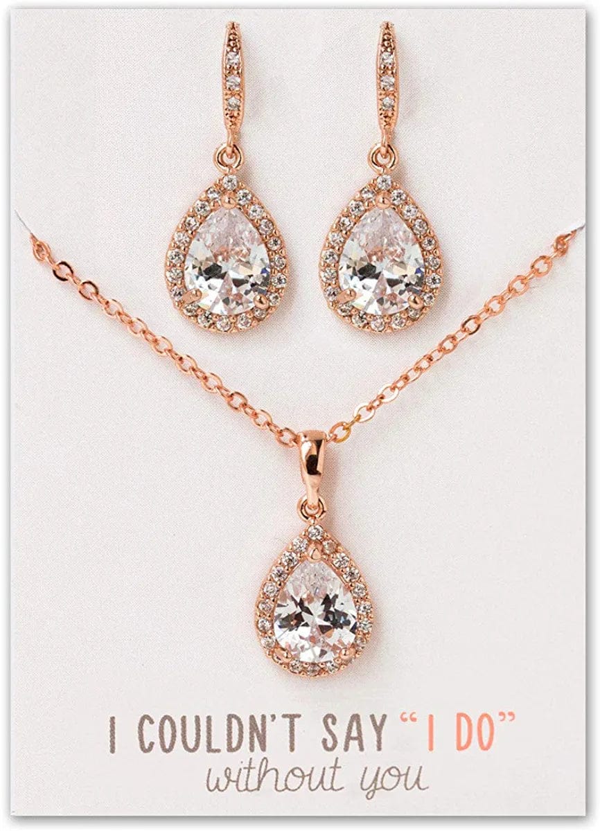 Wedding Bridesmaids Gift Drop Dangle Earrings or Jewelry Set in Silver, Yellow Gold, Rose Gold Set - Rose Gold