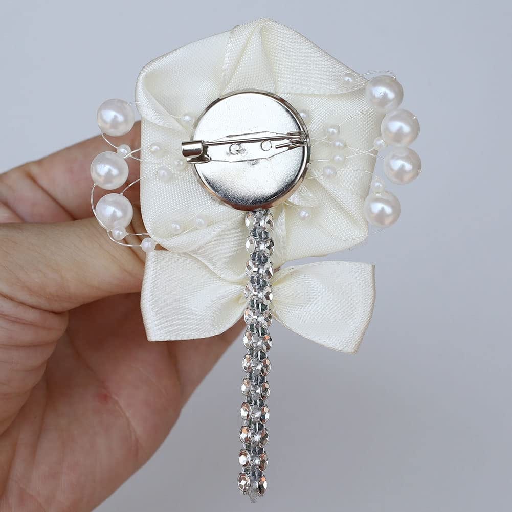 Wedding Groom Groomsmen Boutonniere Wedding Prom Men Suit Lapel Pin Silk Ribbon Ceremony Flower Brooch (Ivory,4Pcs) Ivory,White / 4PCS