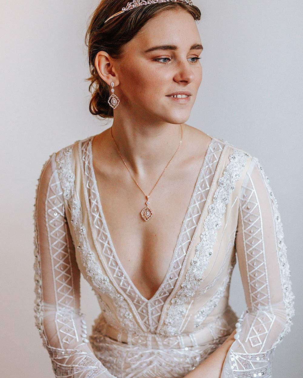 Wedding Jewelry for Bride, Necklace and Earrings Jewelry Set, Bridal Jewelry Set for Wedding Party Costume Rose Gold