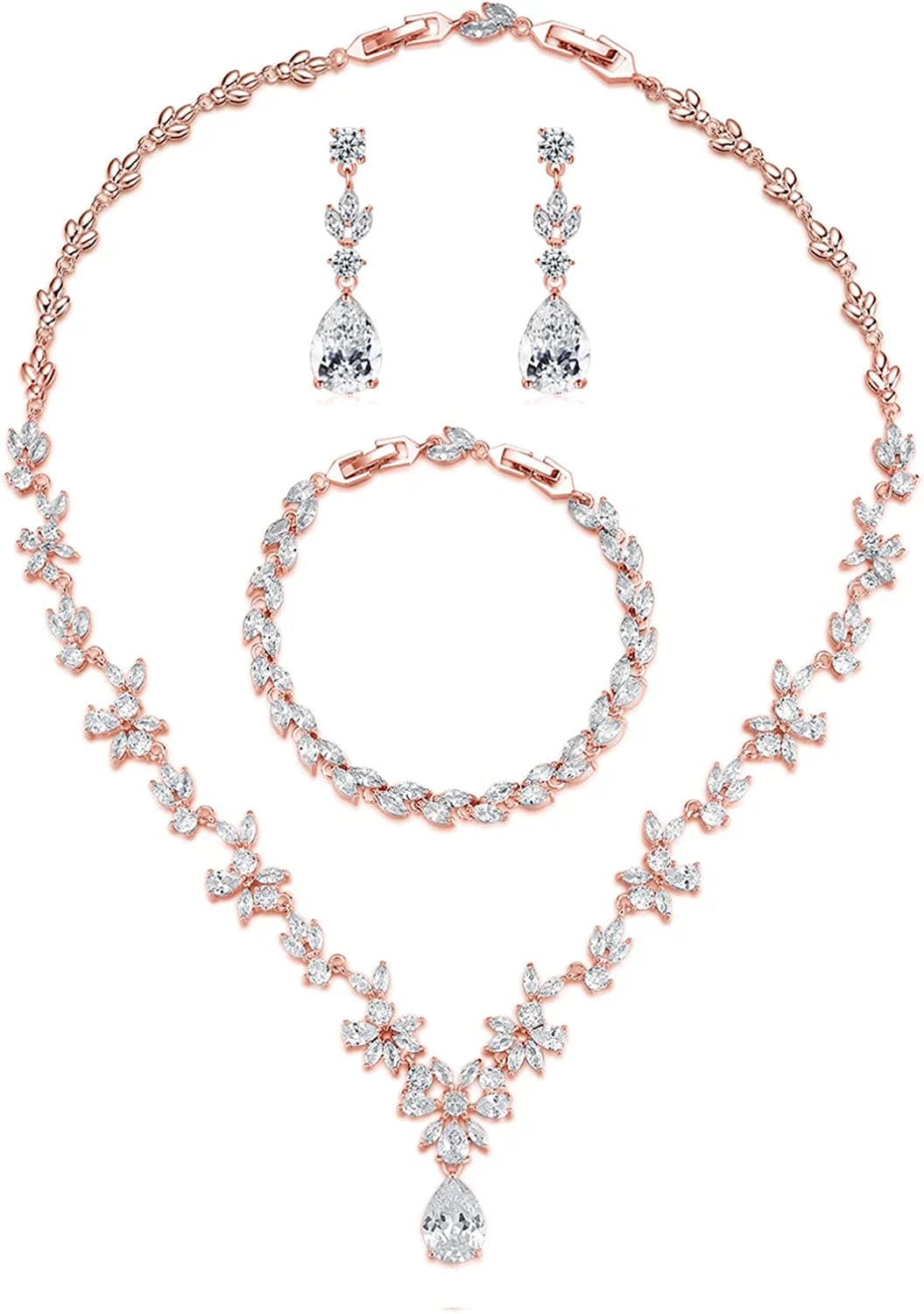 Wedding Jewelry for Bride, Silver Bridal Necklace Earrings Bracelet Set with Clear Cubic Zirconia, Bridemaids Jewelry Set for Wedding, Crystal Wedding Party Jewelry Set for Women Girls Rose gold Plated