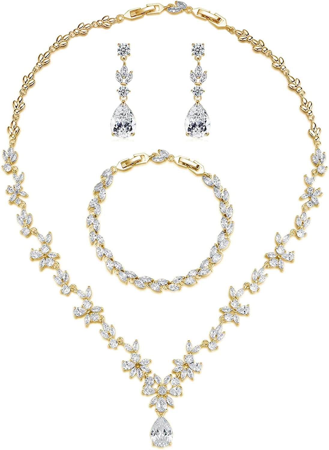 Wedding Jewelry for Bride, Silver Bridal Necklace Earrings Bracelet Set with Clear Cubic Zirconia, Bridemaids Jewelry Set for Wedding, Crystal Wedding Party Jewelry Set for Women Girls Gold Plated
