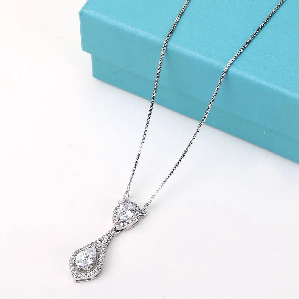 Wedding Jewelry Set for Bride - Elegant Sterling Silver Bridal Elegant Crystal Cubic Zirconia Teardrop Pendant Necklace Earrings Set for Teen Girls Bridesmaids Wedding Clear