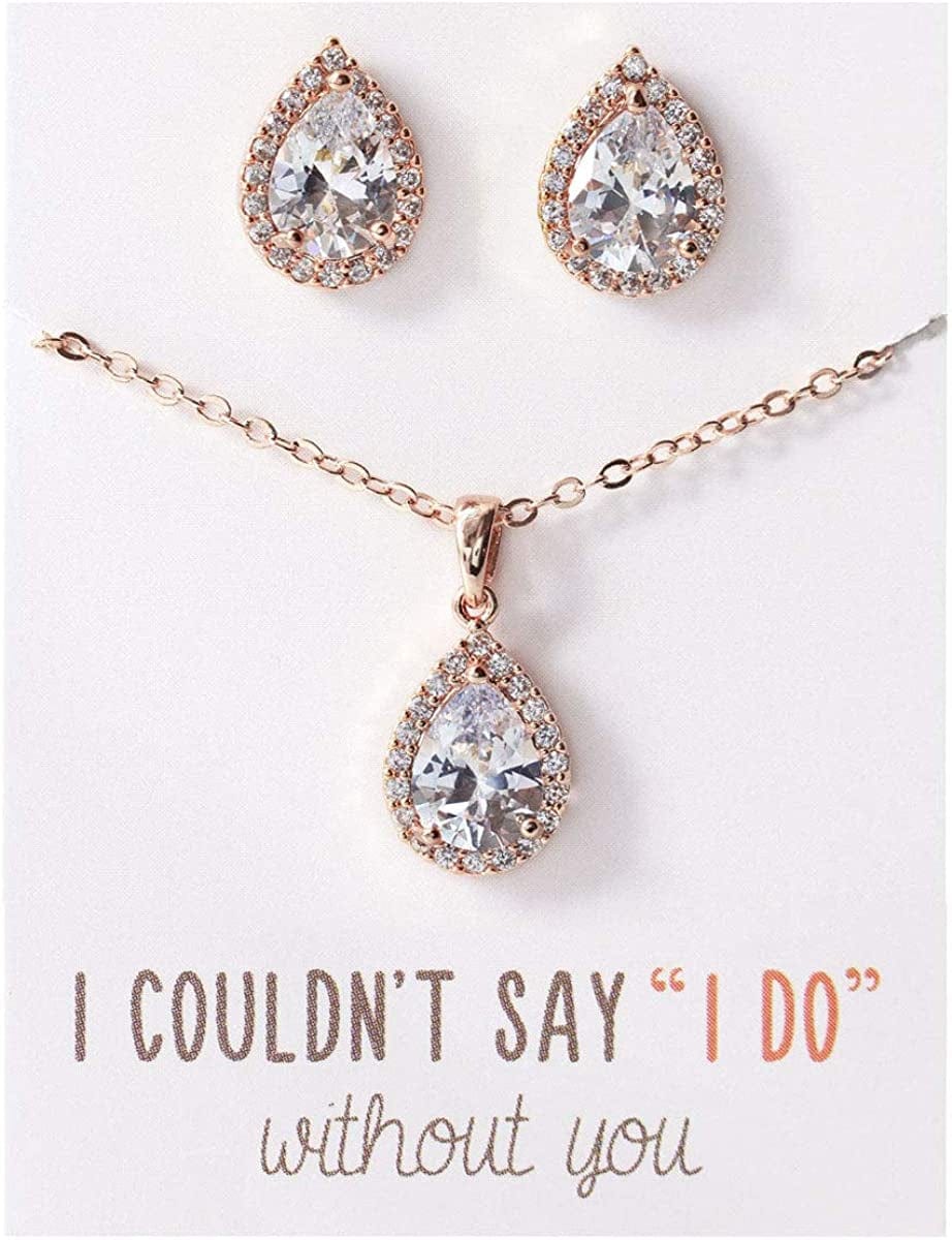 Wedding Jewelry Set, Tear Drop Necklace and Earrings Set in Gold, Rose Gold, Silver Rose Gold Set (Post Earrings)