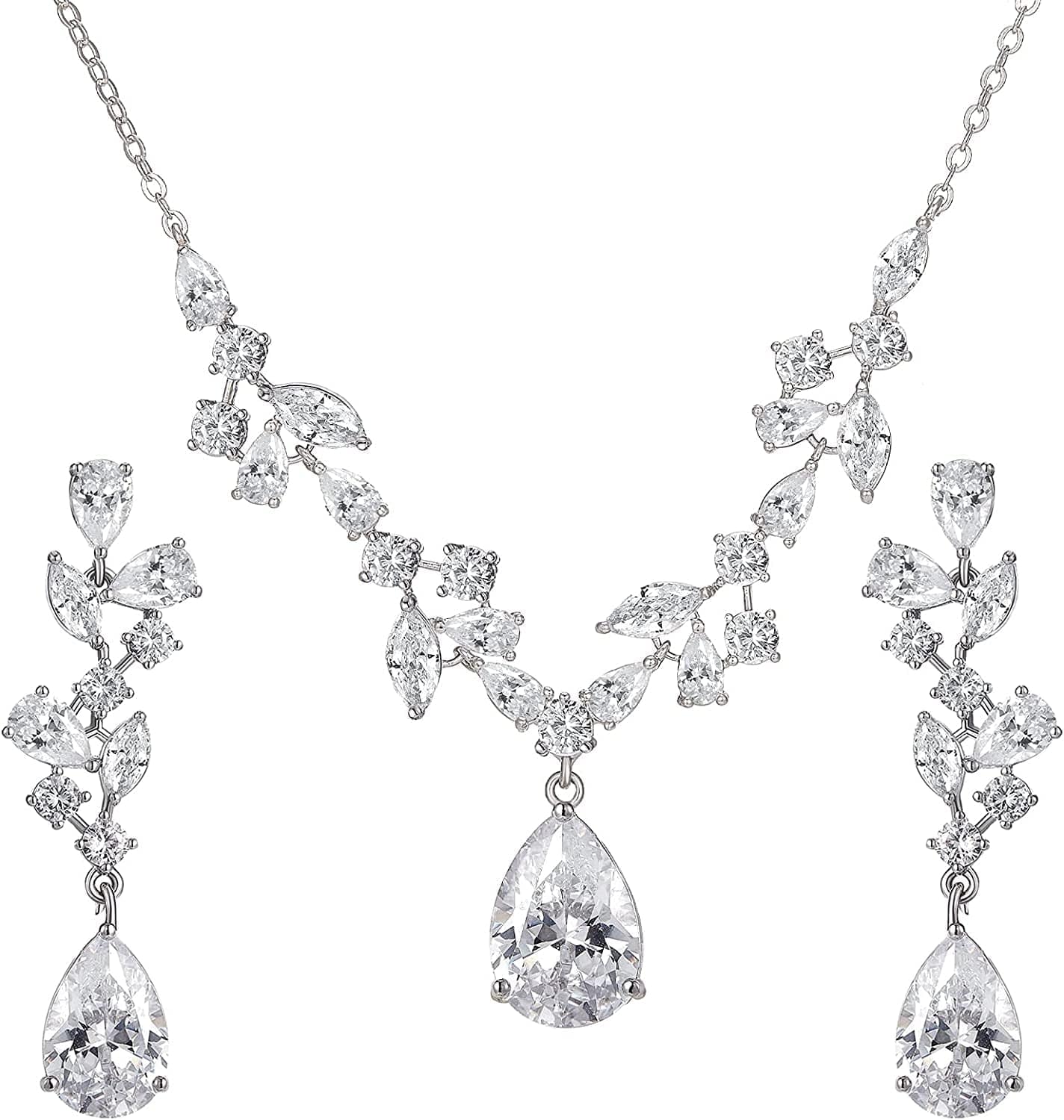 Wedding Jewelry Sets for Brides Bridesmaid Women, CZ Marquise Teardrop Bridal Necklace Earrings Set Wedding Prom Costume Jewelry Gifts Silver