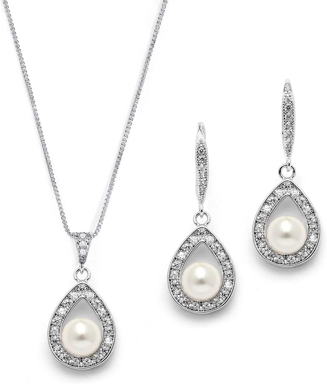 Wedding Necklace and Earrings Pearl Jewelry Set with Inlaid CZ Frame for Bridesmaids & Brides Silver