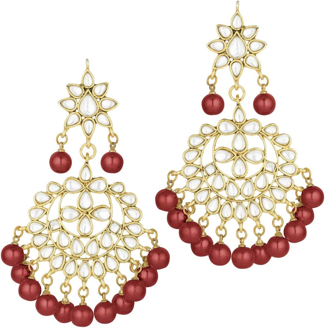 Wedding Wear Kundan Beaded Choker Necklace Set with Maang Tikka Indian Jewelry for Women Girls (Maroon)