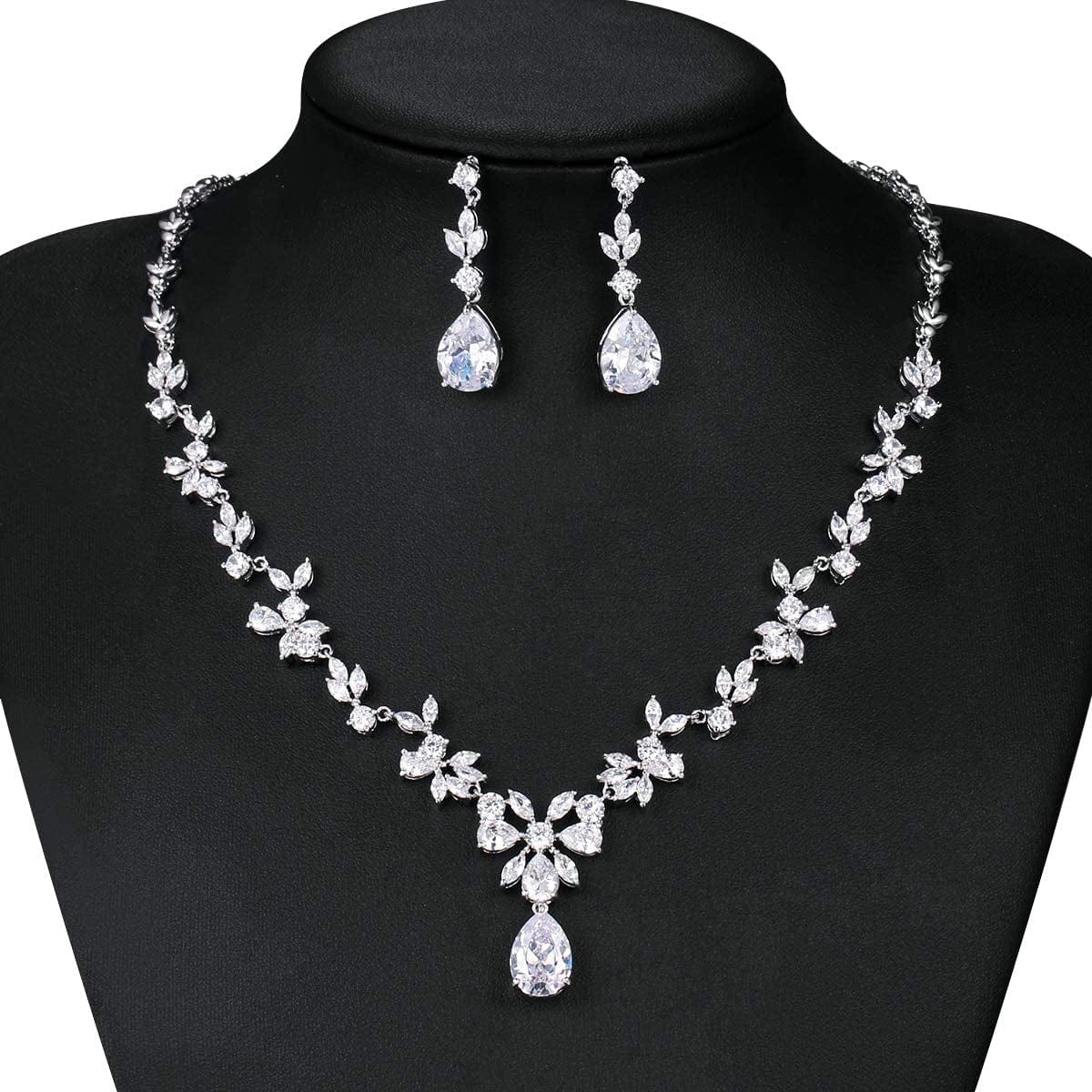 Weimanjewelry Women Cubic Zirconia Marquise Teardrop Bridal Necklace and Dangling Earring Jewelry Set for Wedding