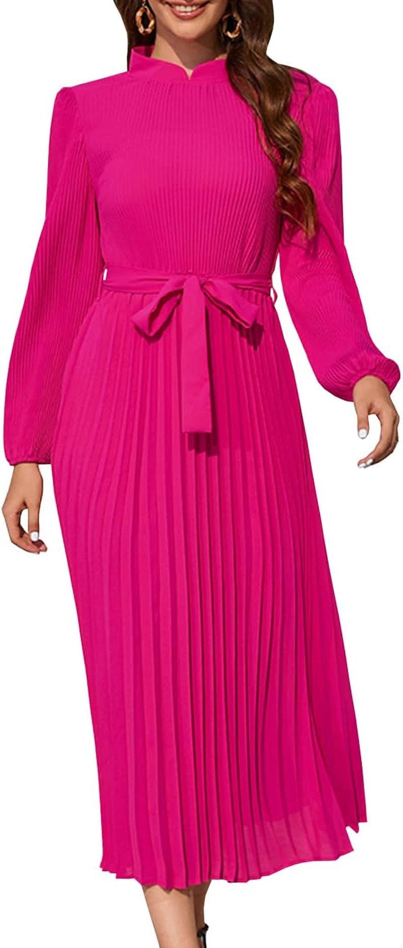 Wellwits Women'S Sleeved Mandarin Collar Pleated Cocktail Formal Long Dress Rose / Large