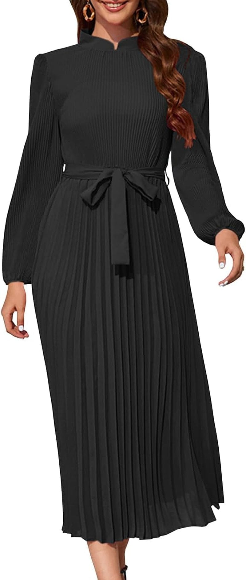 Wellwits Women'S Sleeved Mandarin Collar Pleated Cocktail Formal Long Dress Black / Large