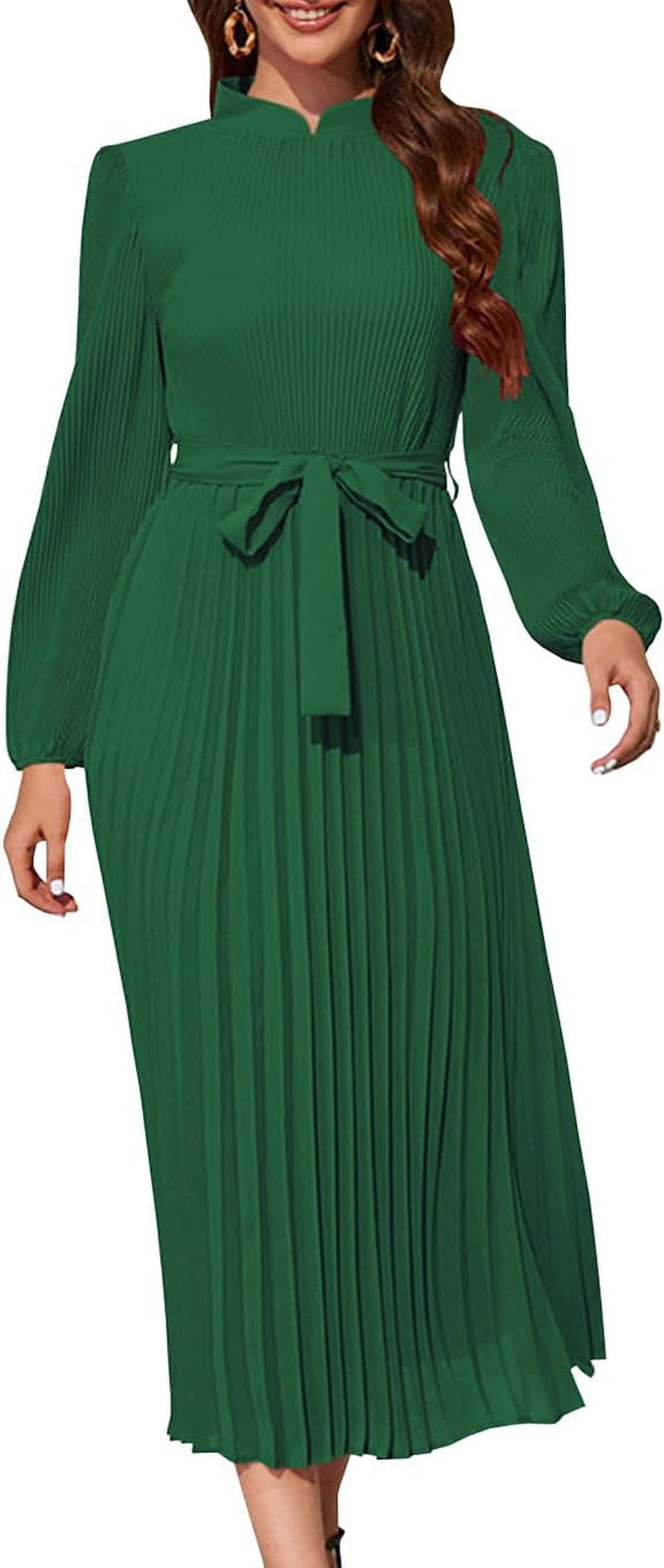 Wellwits Women'S Sleeved Mandarin Collar Pleated Cocktail Formal Long Dress Green / Large