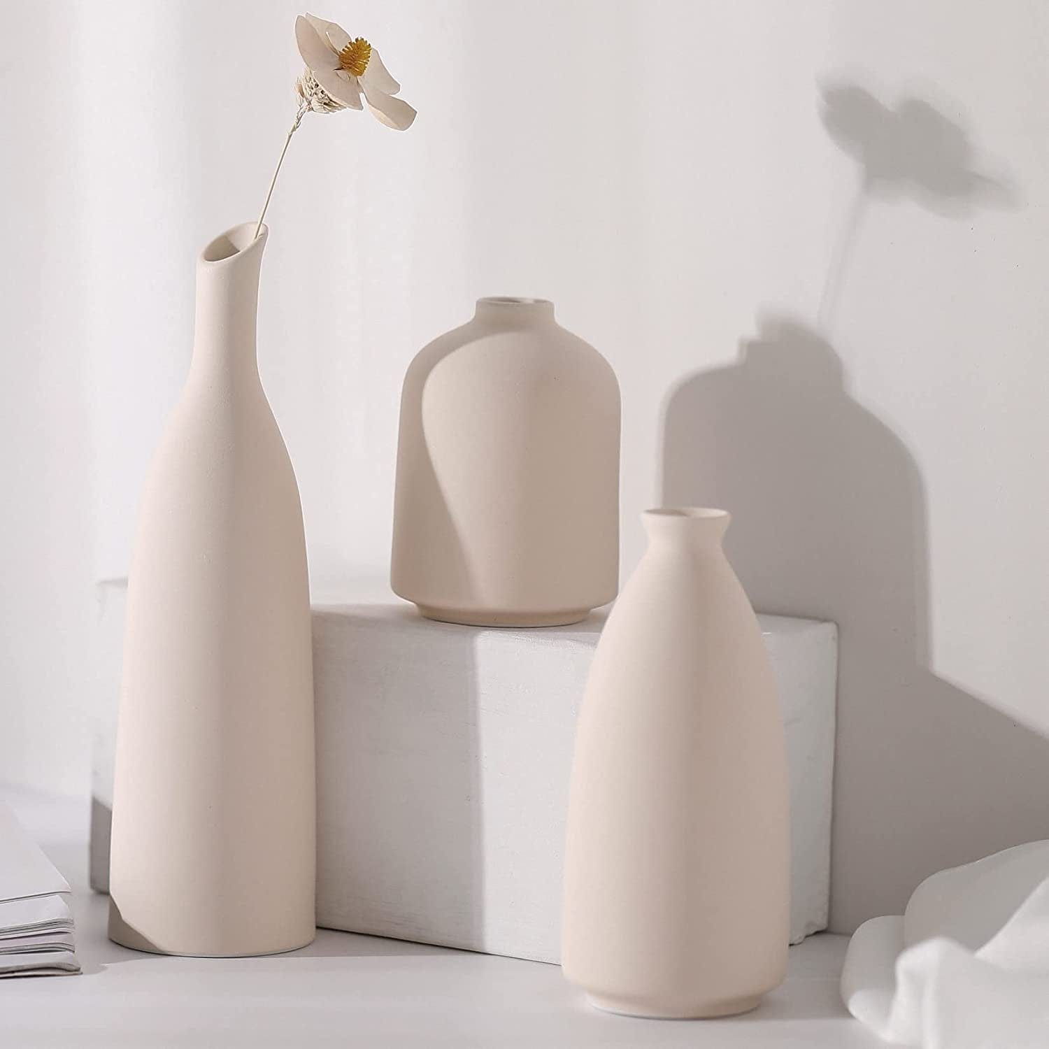 White Ceramic Vase for Decor, Small Flower Vases Set - 3 for Modern Rustic Farmhouse, Decorative Vase for Pampas Grass & Dried Flowers, Idea Bookshelf Décor, Dining Table Decor Beige