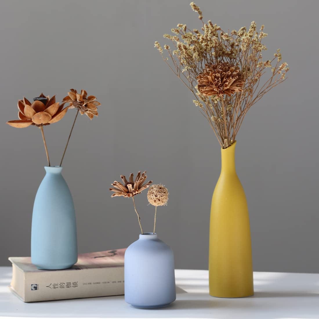 White Ceramic Vase for Decor, Small Flower Vases Set - 3 for Modern Rustic Farmhouse, Decorative Vase for Pampas Grass & Dried Flowers, Idea Bookshelf Décor, Dining Table Decor Yellow, Blue, Purple