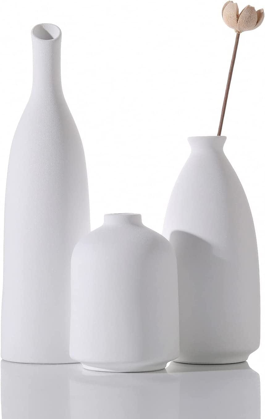 White Ceramic Vase for Decor, Small Flower Vases Set - 3 for Modern Rustic Farmhouse, Decorative Vase for Pampas Grass & Dried Flowers, Idea Bookshelf Décor, Dining Table Decor