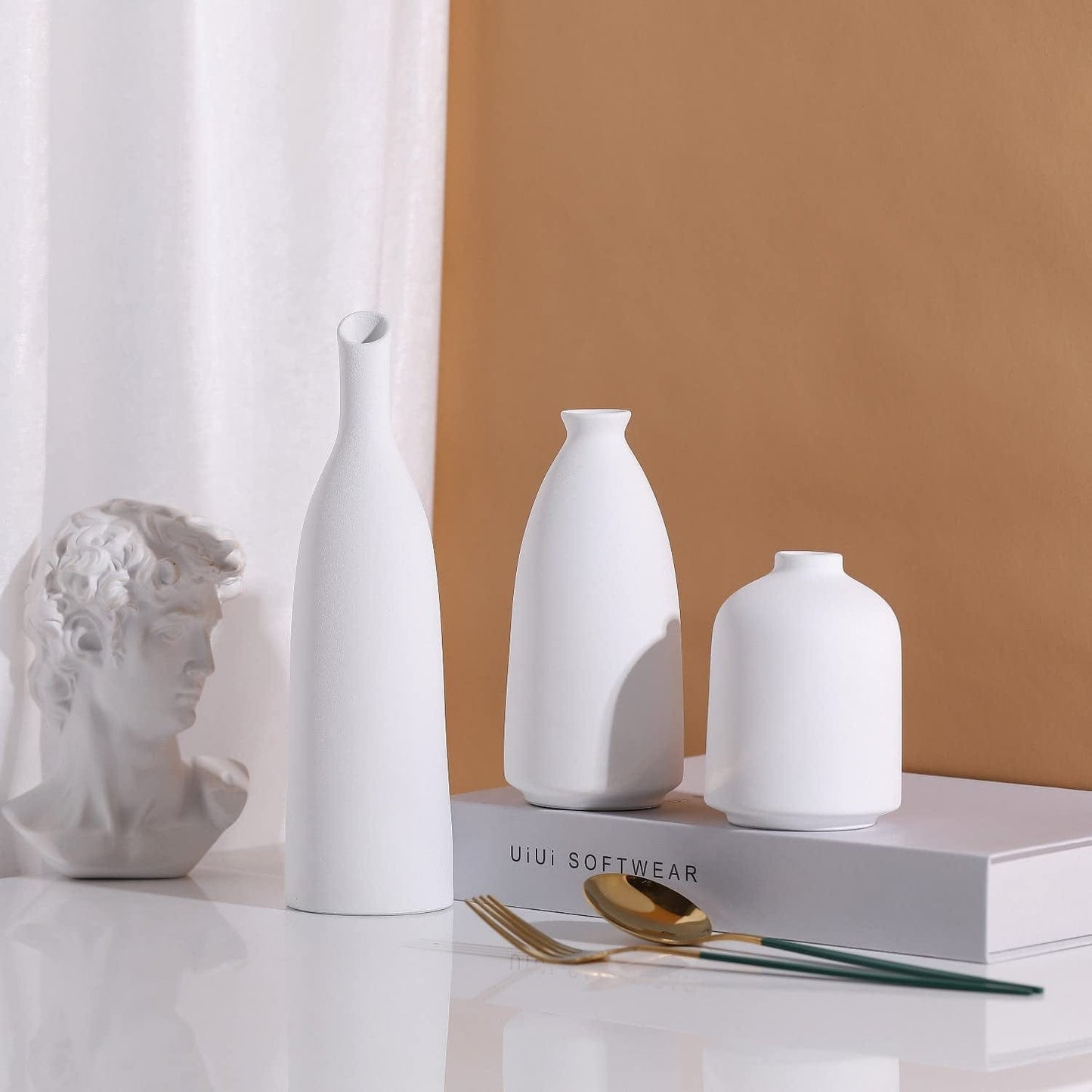 White Ceramic Vase for Decor, Small Flower Vases Set - 3 for Modern Rustic Farmhouse, Decorative Vase for Pampas Grass & Dried Flowers, Idea Bookshelf Décor, Dining Table Decor