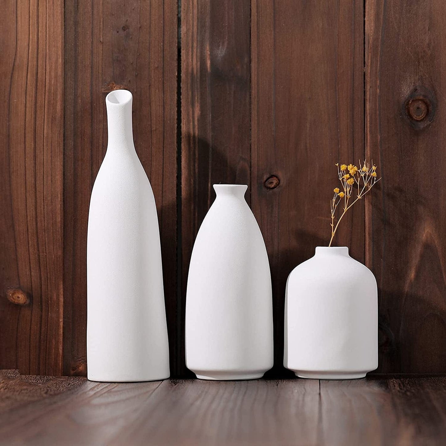 White Ceramic Vase for Decor, Small Flower Vases Set - 3 for Modern Rustic Farmhouse, Decorative Vase for Pampas Grass & Dried Flowers, Idea Bookshelf Décor, Dining Table Decor