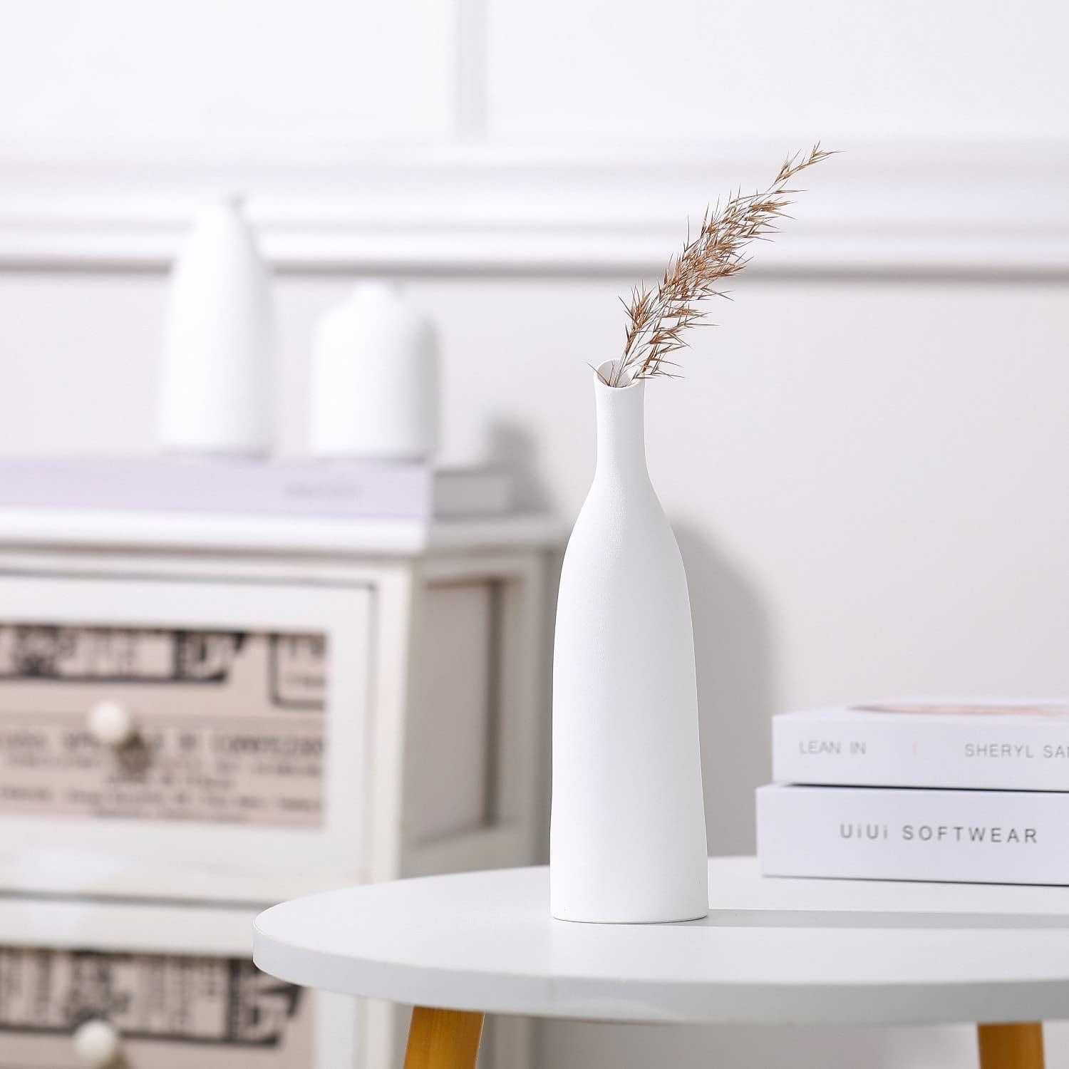 White Ceramic Vase for Decor, Small Flower Vases Set - 3 for Modern Rustic Farmhouse, Decorative Vase for Pampas Grass & Dried Flowers, Idea Bookshelf Décor, Dining Table Decor