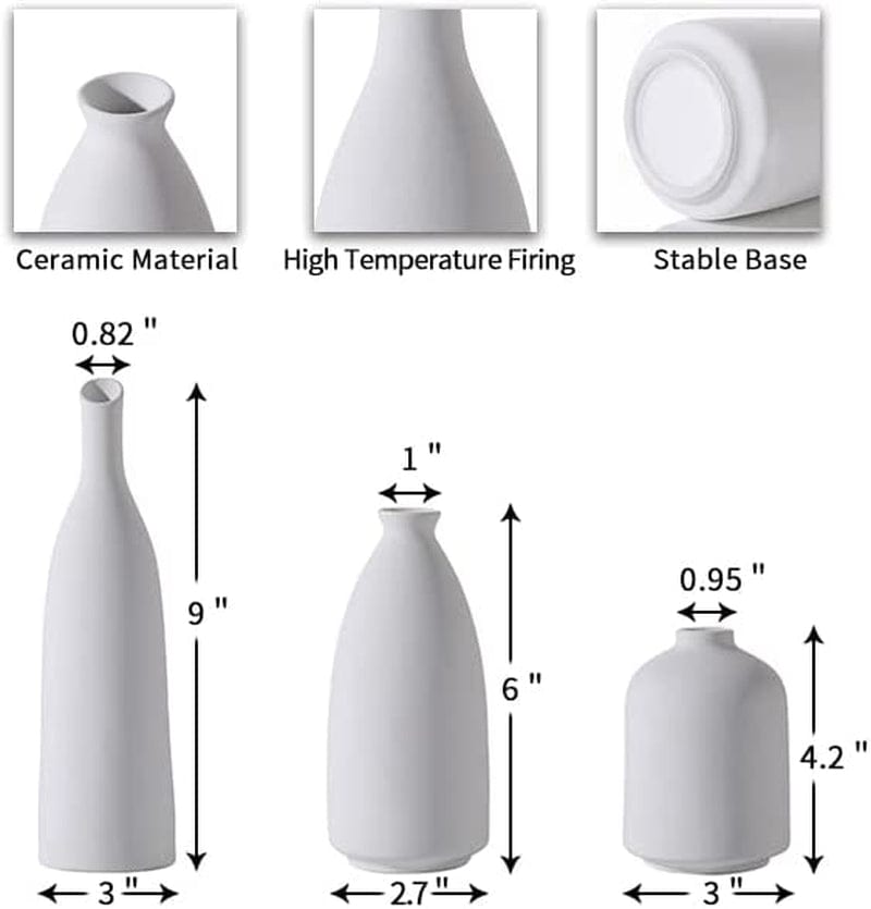White Ceramic Vase for Decor, Small Flower Vases Set - 3 for Modern Rustic Farmhouse, Decorative Vase for Pampas Grass & Dried Flowers, Idea Bookshelf Décor, Dining Table Decor