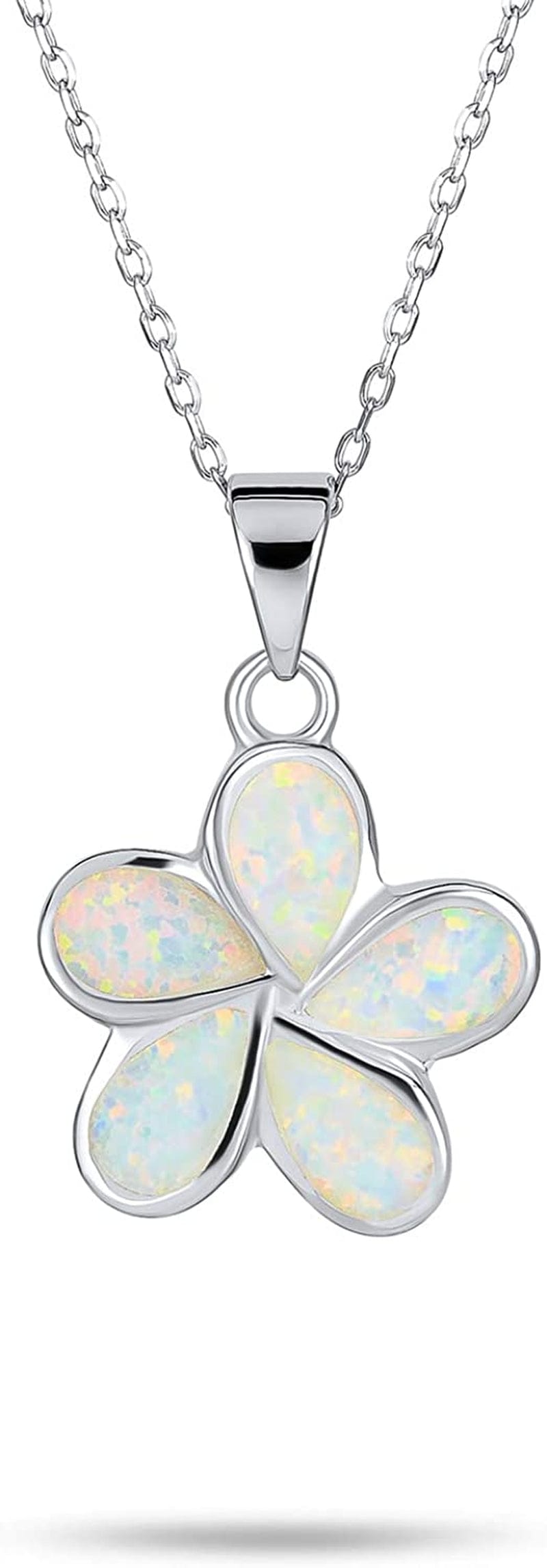 White Created Opal Hawaiian Flower Plumeria Necklace Pendant for Women Girlfriend .925 Sterling Silver October Birthstone