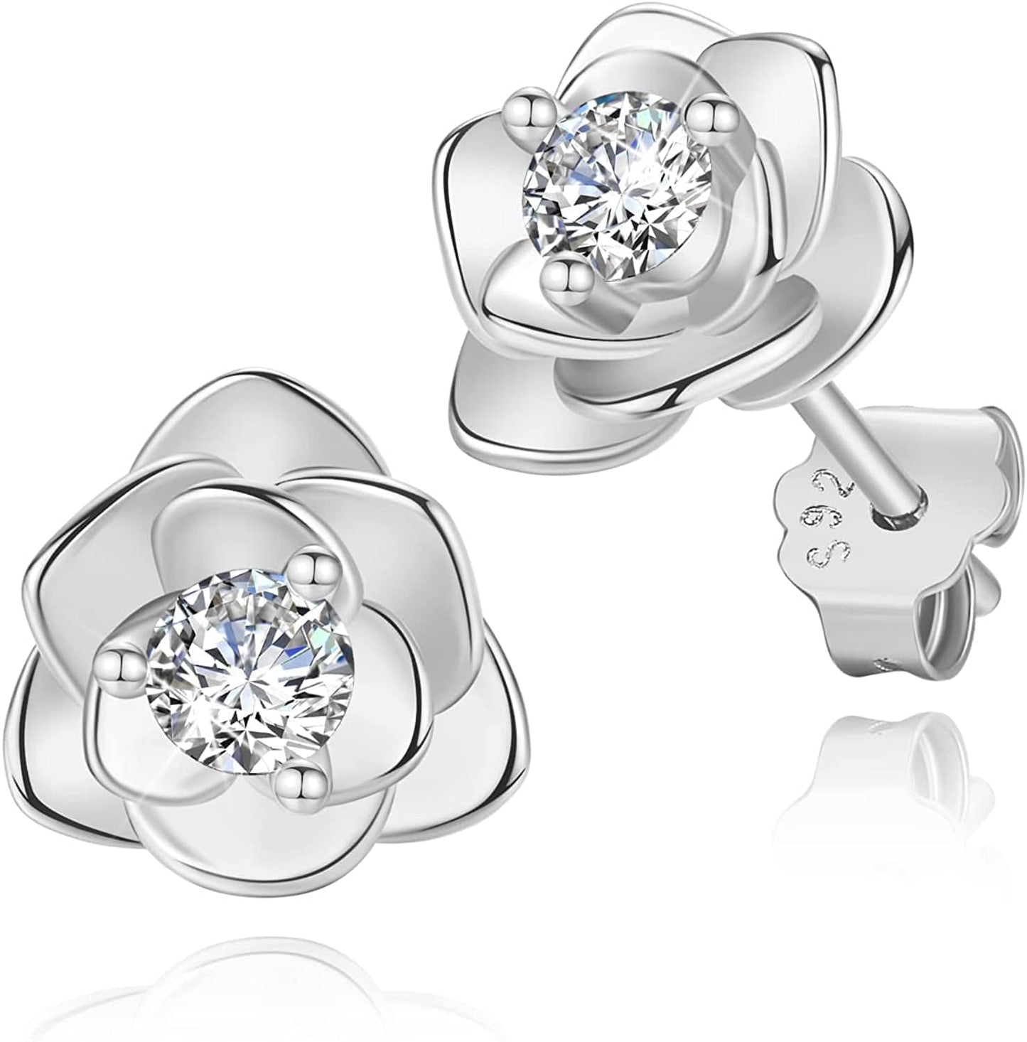 White Gold & Yellow Gold & Rose Gold Plated Rose Flower Ear Studs | Dainty Magnolia Flower Earring, Leaf Hypoallergenic Earrings for Women ROSE FLOWER-white