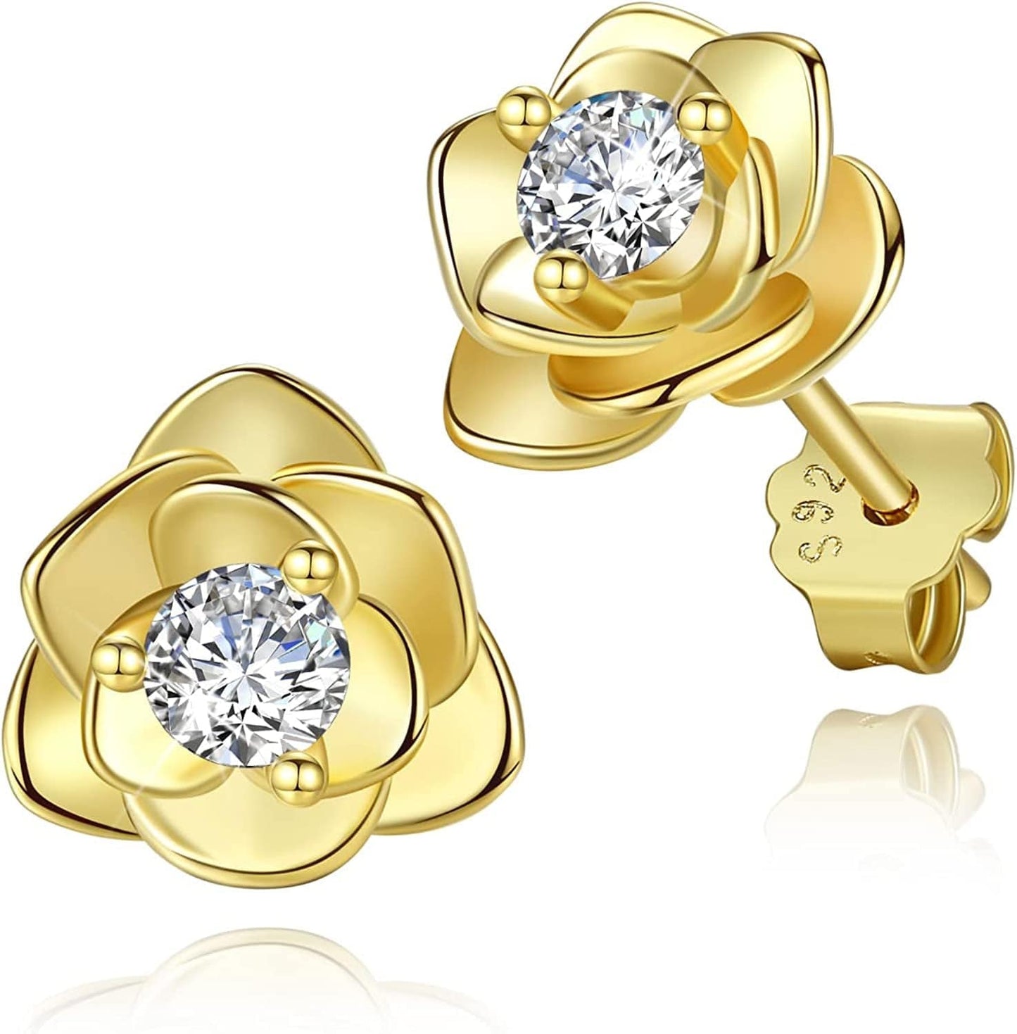 White Gold & Yellow Gold & Rose Gold Plated Rose Flower Ear Studs | Dainty Magnolia Flower Earring, Leaf Hypoallergenic Earrings for Women ROSE FLOWER-yellow