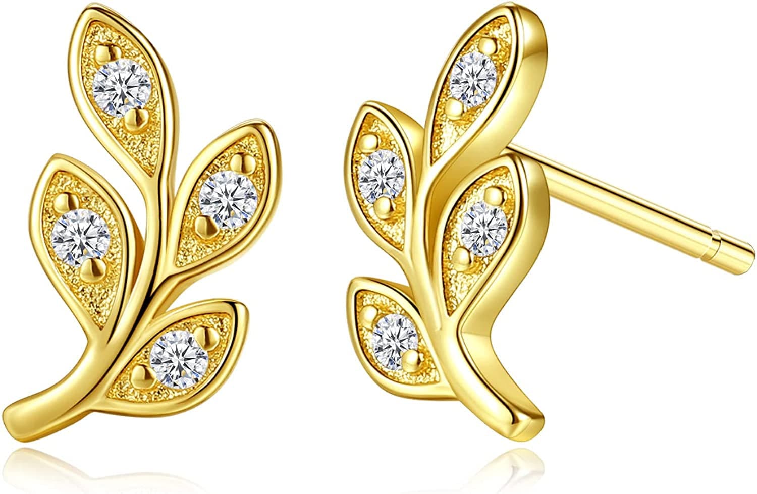 White Gold & Yellow Gold & Rose Gold Plated Rose Flower Ear Studs | Dainty Magnolia Flower Earring, Leaf Hypoallergenic Earrings for Women LEAF-yellow