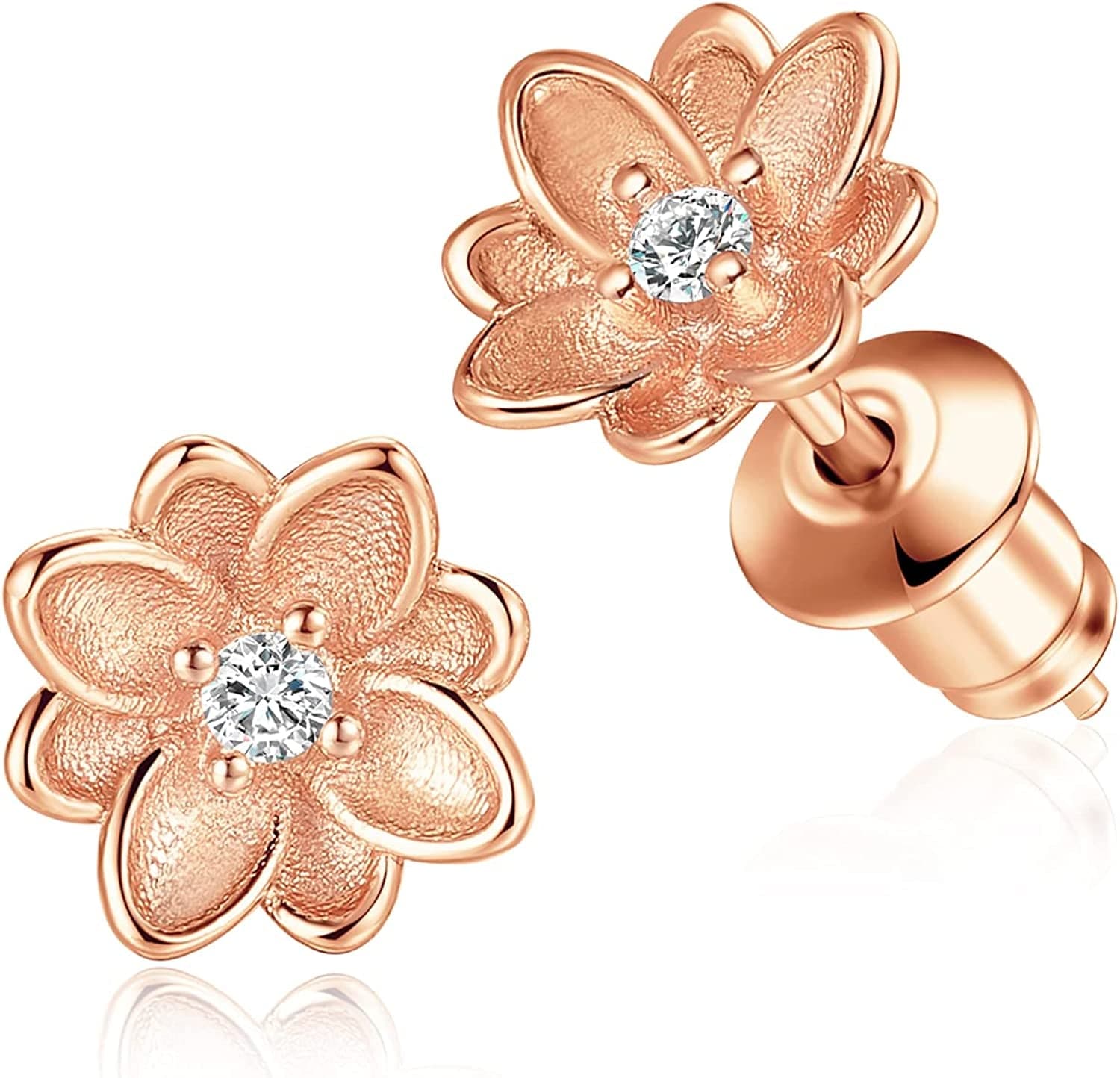 White Gold & Yellow Gold & Rose Gold Plated Rose Flower Ear Studs | Dainty Magnolia Flower Earring, Leaf Hypoallergenic Earrings for Women MAGNOLIA FLOWER-rose