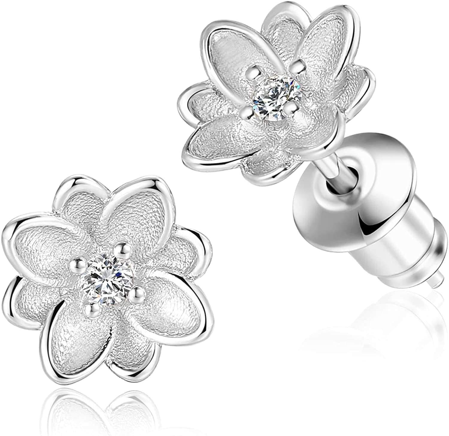 White Gold & Yellow Gold & Rose Gold Plated Rose Flower Ear Studs | Dainty Magnolia Flower Earring, Leaf Hypoallergenic Earrings for Women MAGNOLIA FLOWER-white