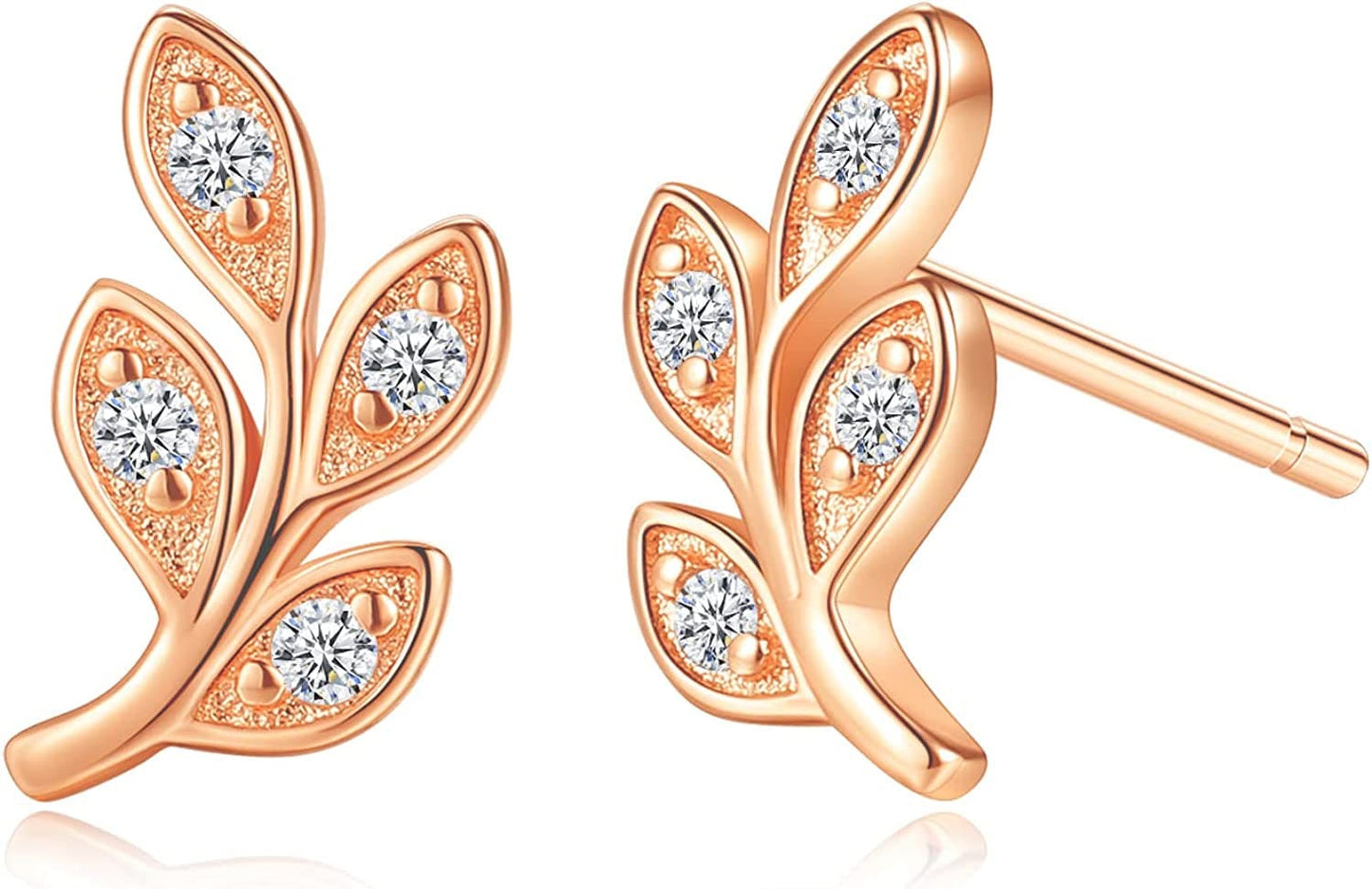 White Gold & Yellow Gold & Rose Gold Plated Rose Flower Ear Studs | Dainty Magnolia Flower Earring, Leaf Hypoallergenic Earrings for Women LEAF- ROSE GOLD