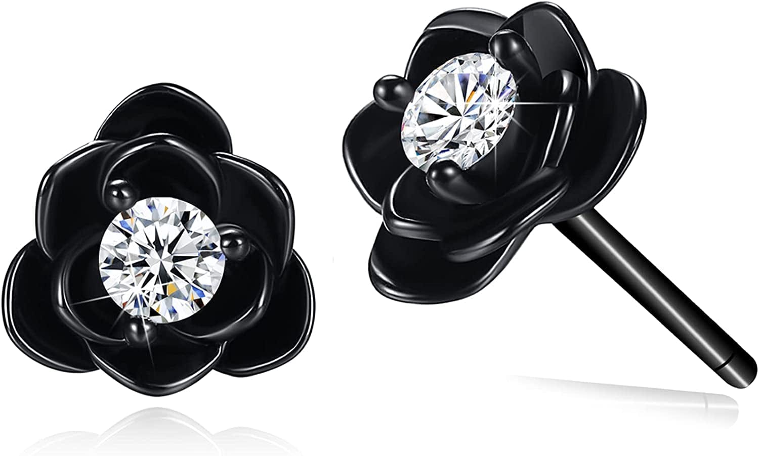 White Gold & Yellow Gold & Rose Gold Plated Rose Flower Ear Studs | Dainty Magnolia Flower Earring, Leaf Hypoallergenic Earrings for Women ROSE FLOWER-black