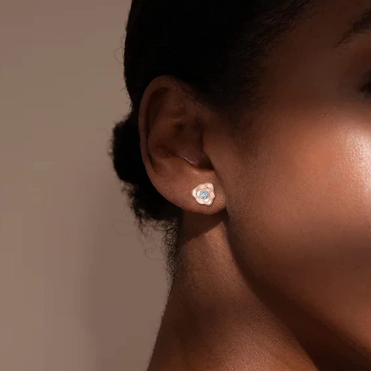 White Gold & Yellow Gold & Rose Gold Plated Rose Flower Ear Studs | Dainty Magnolia Flower Earring, Leaf Hypoallergenic Earrings for Women