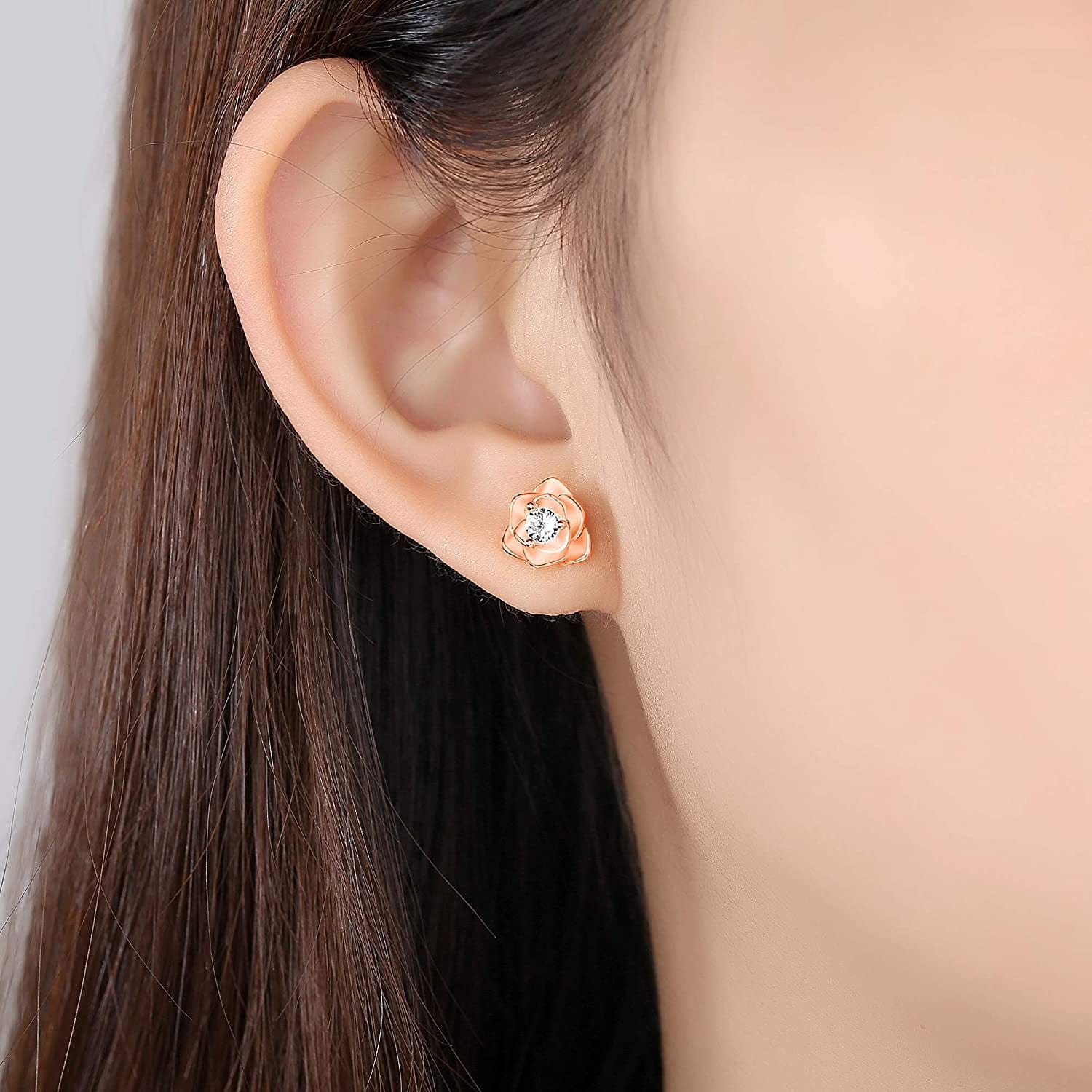White Gold & Yellow Gold & Rose Gold Plated Rose Flower Ear Studs | Dainty Magnolia Flower Earring, Leaf Hypoallergenic Earrings for Women