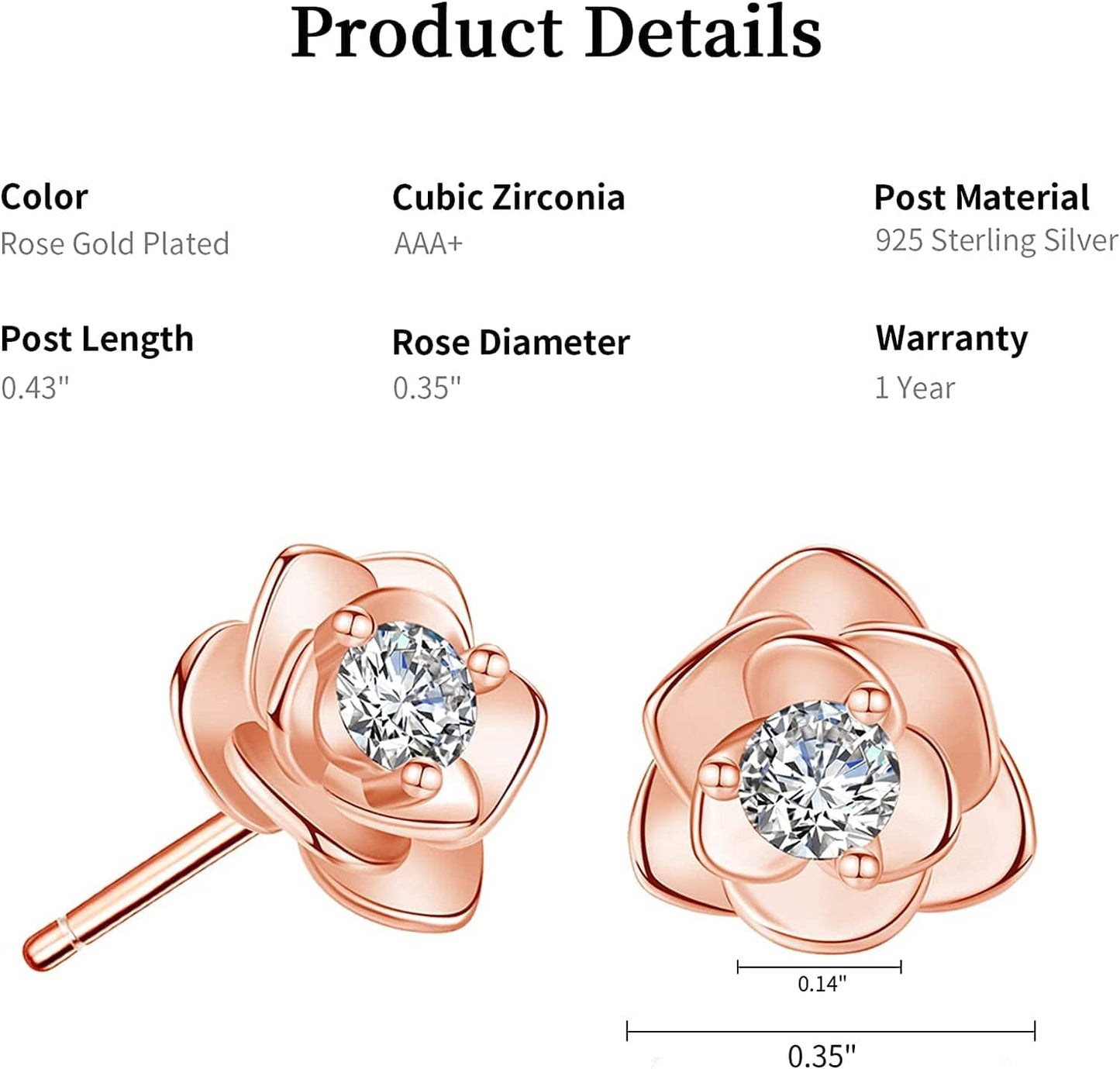 White Gold & Yellow Gold & Rose Gold Plated Rose Flower Ear Studs | Dainty Magnolia Flower Earring, Leaf Hypoallergenic Earrings for Women