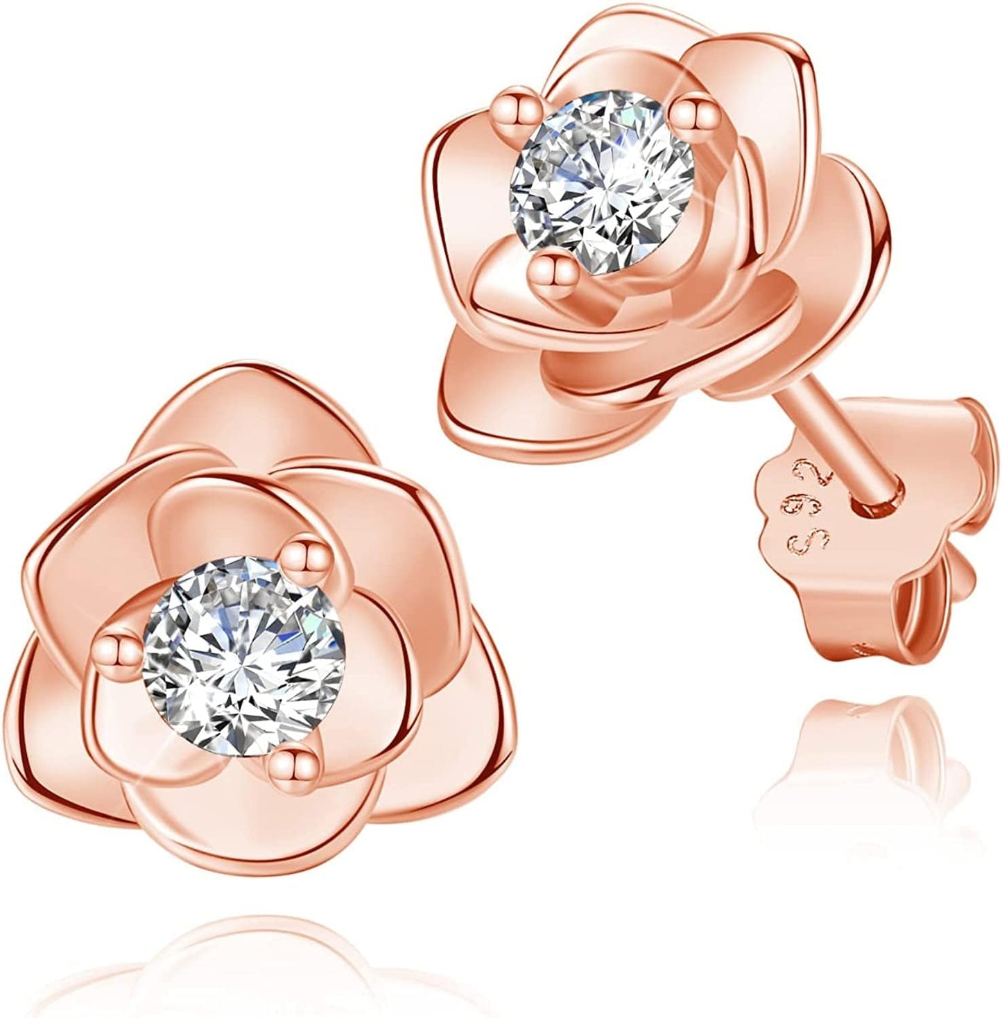 White Gold & Yellow Gold & Rose Gold Plated Rose Flower Ear Studs | Dainty Magnolia Flower Earring, Leaf Hypoallergenic Earrings for Women ROSE FLOWER-rose