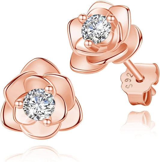White Gold & Yellow Gold & Rose Gold Plated Rose Flower Ear Studs | Dainty Magnolia Flower Earring, Leaf Hypoallergenic Earrings for Women ROSE FLOWER-rose