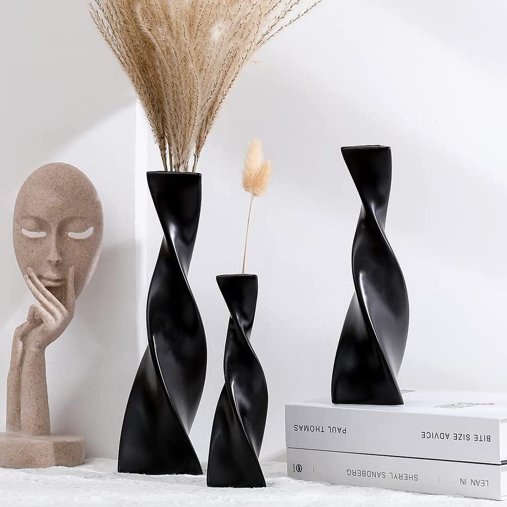 White Vases for Decor, Ceramic Vase Twist Modern Home Decor Vases for Centerpieces, Flower Decorative Vase, Pampas Grass Vase, 3Pcs Minimalist Nordic Boho Ins Style for Wedding Table Party Living Room Metallic Grey Black