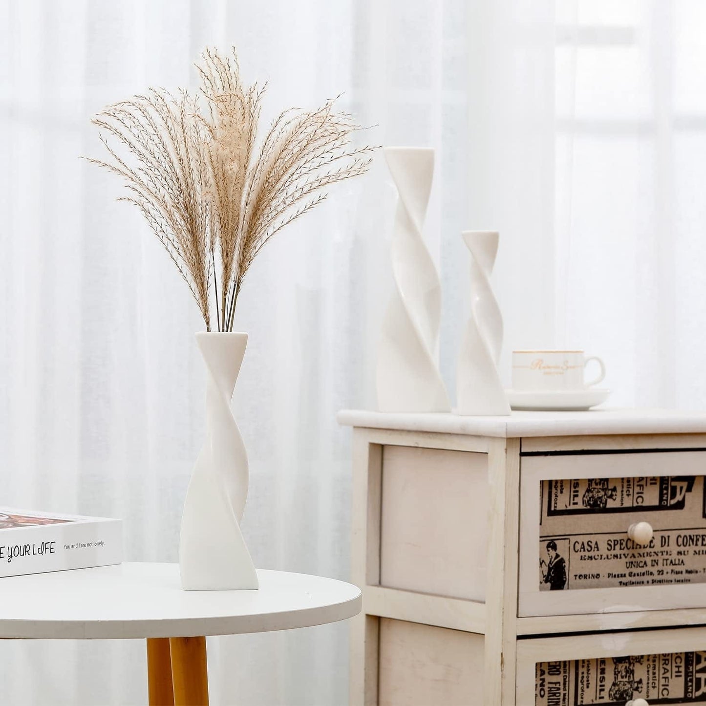 White Vases for Decor, Ceramic Vase Twist Modern Home Decor Vases for Centerpieces, Flower Decorative Vase, Pampas Grass Vase, 3Pcs Minimalist Nordic Boho Ins Style for Wedding Table Party Living Room