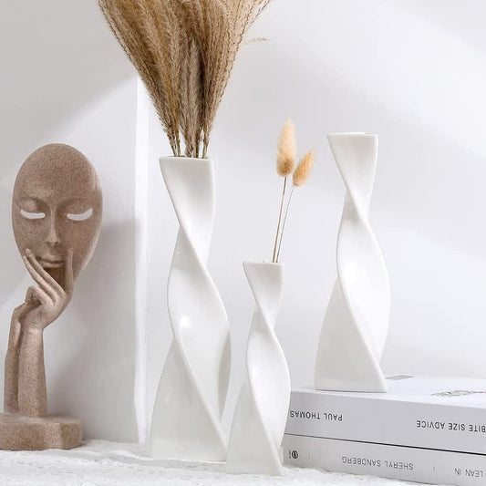 White Vases for Decor, Ceramic Vase Twist Modern Home Decor Vases for Centerpieces, Flower Decorative Vase, Pampas Grass Vase, 3Pcs Minimalist Nordic Boho Ins Style for Wedding Table Party Living Room White