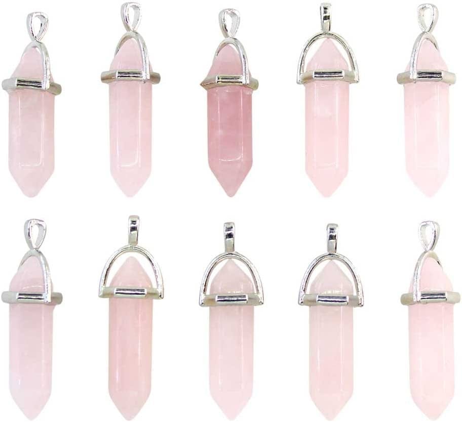 Wholesale 10 PCS Clear Quartz Crystal Stone Point Healing Reiki Chakra Pendants for Jewelry Making Pink