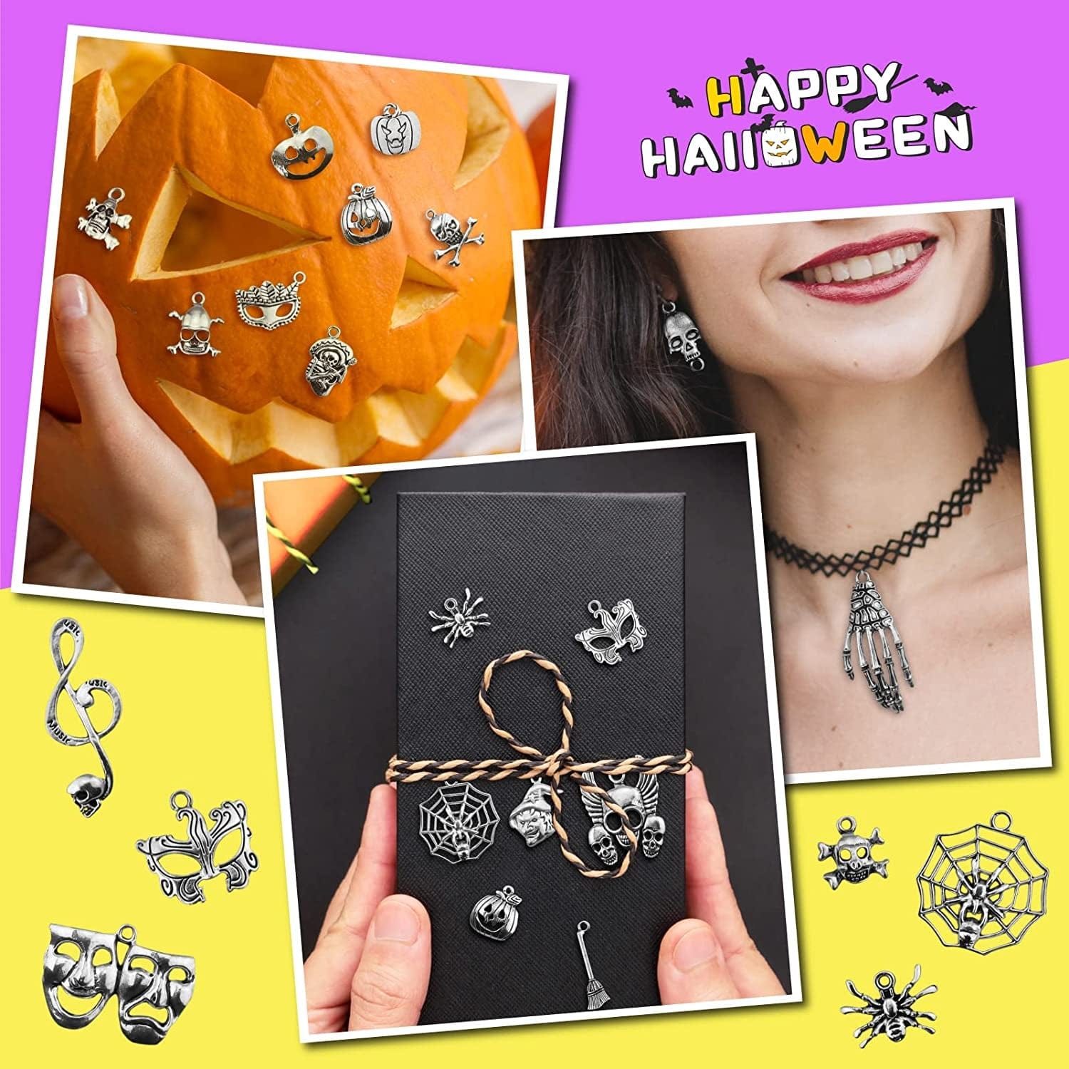 Wholesale Bulk Lots Hallowmas Skull Skeleton Charms Mixed Silver Plated Halloween Mask Charms Pendants DIY for Jewelry Making and Crafting, JIALEEY 100 PCS Hallowmas Style