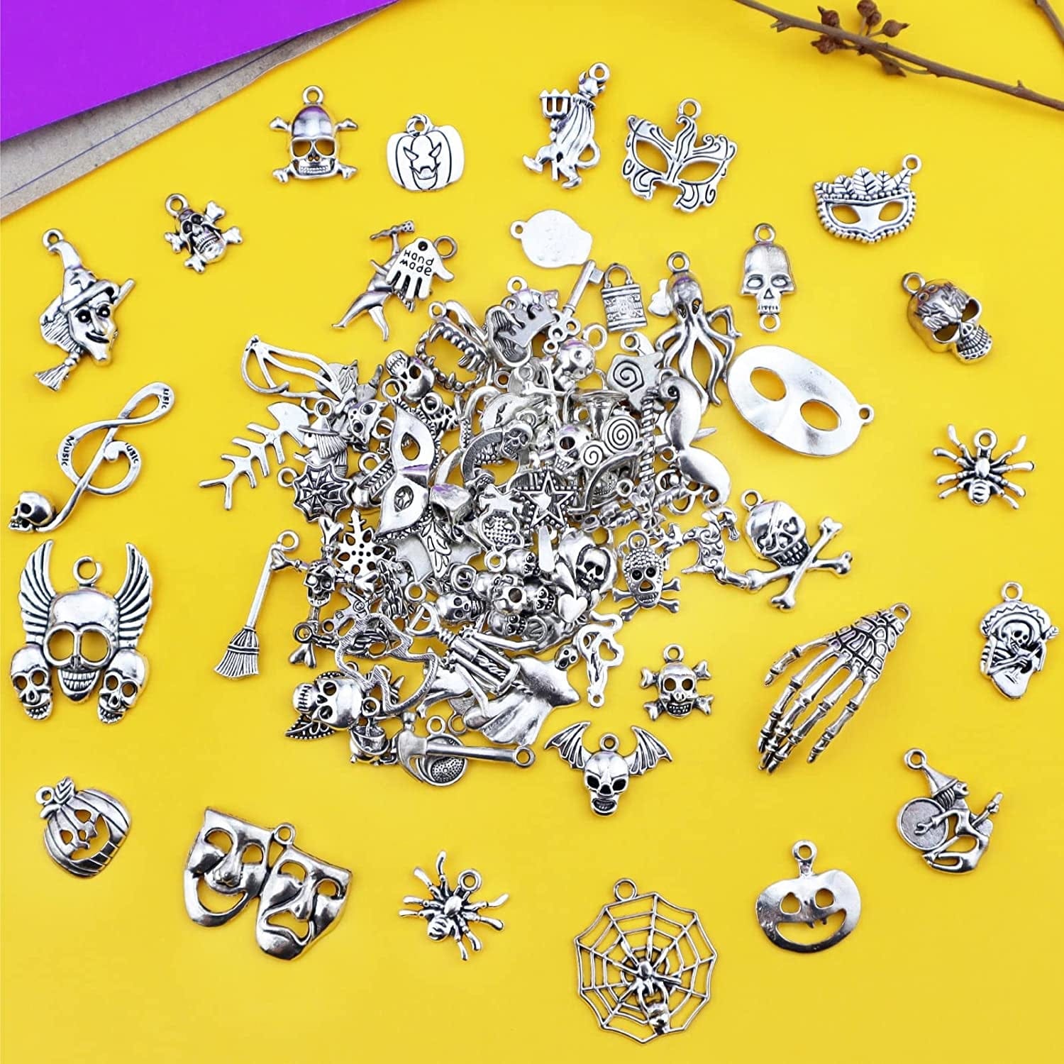 Wholesale Bulk Lots Hallowmas Skull Skeleton Charms Mixed Silver Plated Halloween Mask Charms Pendants DIY for Jewelry Making and Crafting, JIALEEY 100 PCS Hallowmas Style