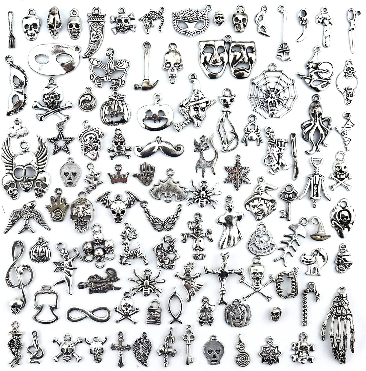Wholesale Bulk Lots Hallowmas Skull Skeleton Charms Mixed Silver Plated Halloween Mask Charms Pendants DIY for Jewelry Making and Crafting, JIALEEY 100 PCS Hallowmas Style