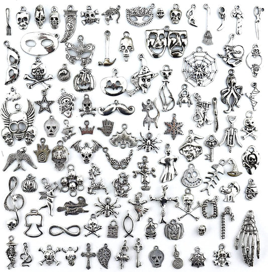 Wholesale Bulk Lots Hallowmas Skull Skeleton Charms Mixed Silver Plated Halloween Mask Charms Pendants DIY for Jewelry Making and Crafting, JIALEEY 100 PCS Hallowmas Style