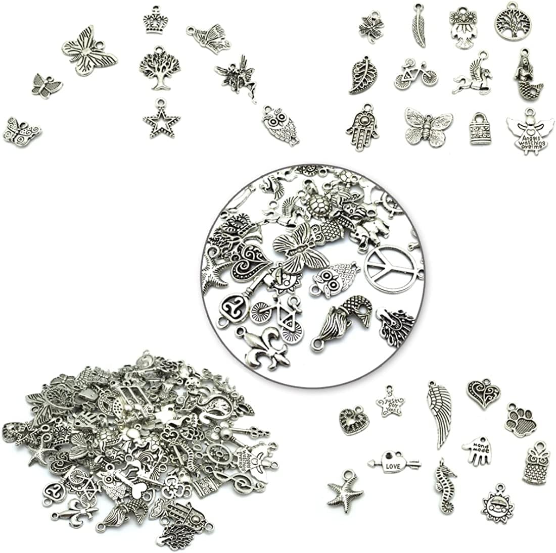 Wholesale Bulk Lots Jewelry Making Silver Charms Mixed Smooth Tibetan Silver Metal Charms Pendants DIY for Necklace Bracelet Jewelry Making and Crafting, JIALEEY 100 PCS
