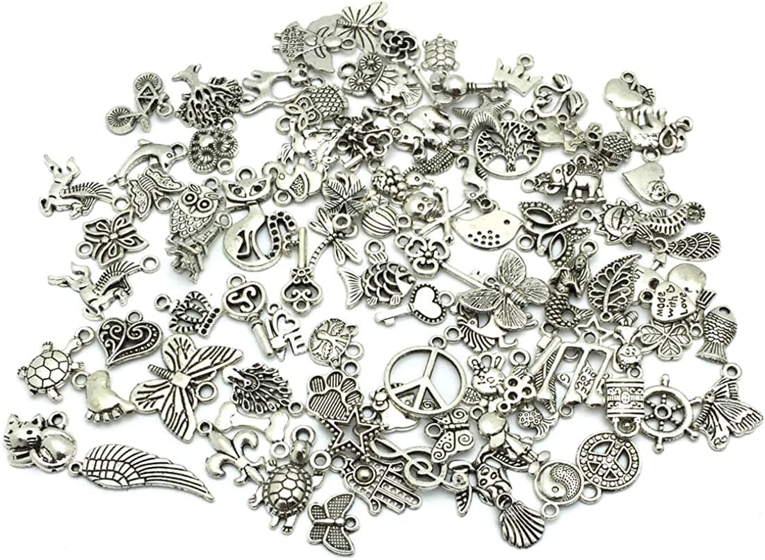 Wholesale Bulk Lots Jewelry Making Silver Charms Mixed Smooth Tibetan Silver Metal Charms Pendants DIY for Necklace Bracelet Jewelry Making and Crafting, JIALEEY 100 PCS