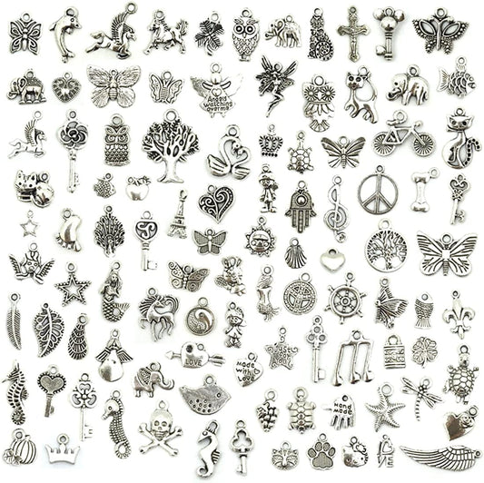 Wholesale Bulk Lots Jewelry Making Silver Charms Mixed Smooth Tibetan Silver Metal Charms Pendants DIY for Necklace Bracelet Jewelry Making and Crafting, JIALEEY 100 PCS